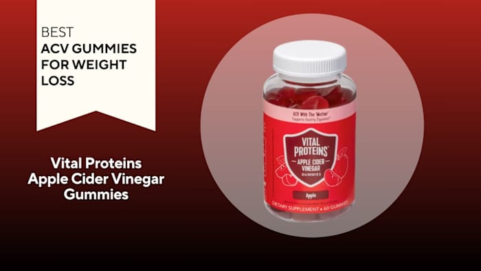 Clear pill bottle filled with red gummies against a red background. Bottle has a red label that says "Vital Proteins Apple Cider Vinegar Gummies"